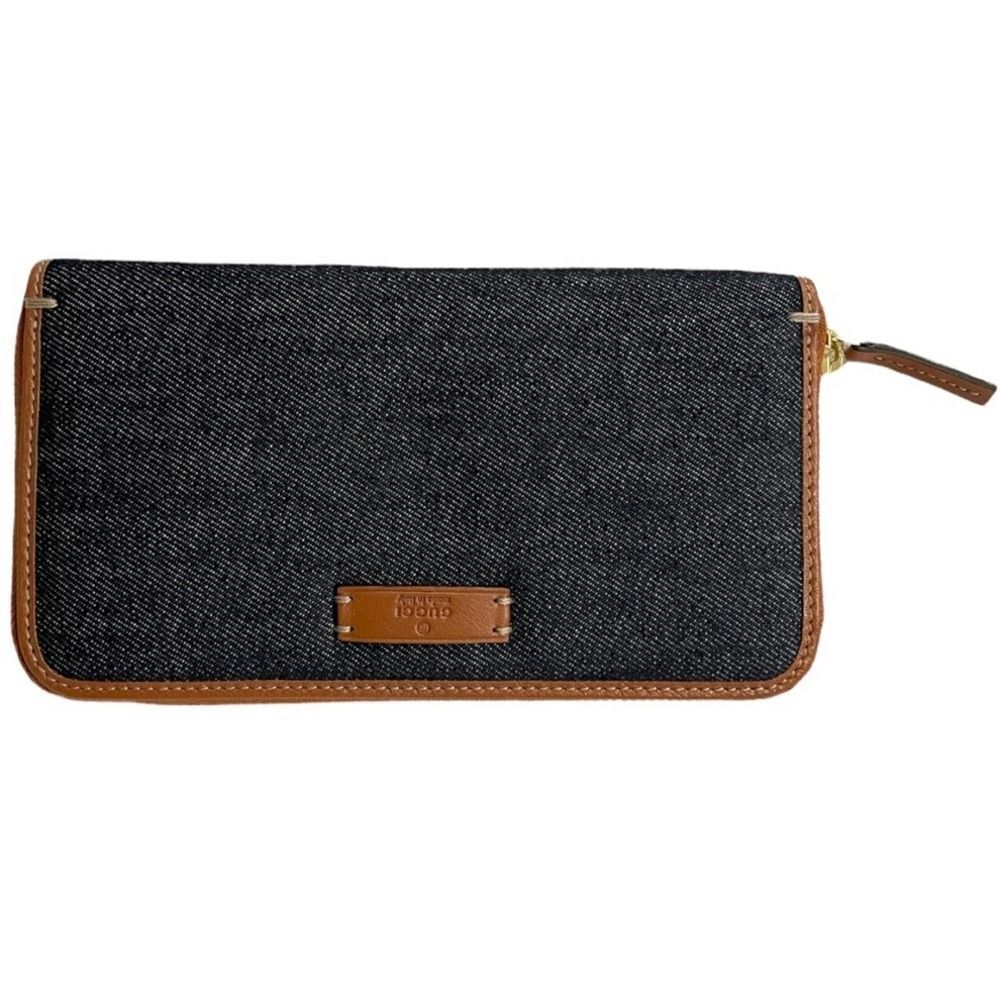 Gucci Denim Leather Trim Zip Around Wallet New